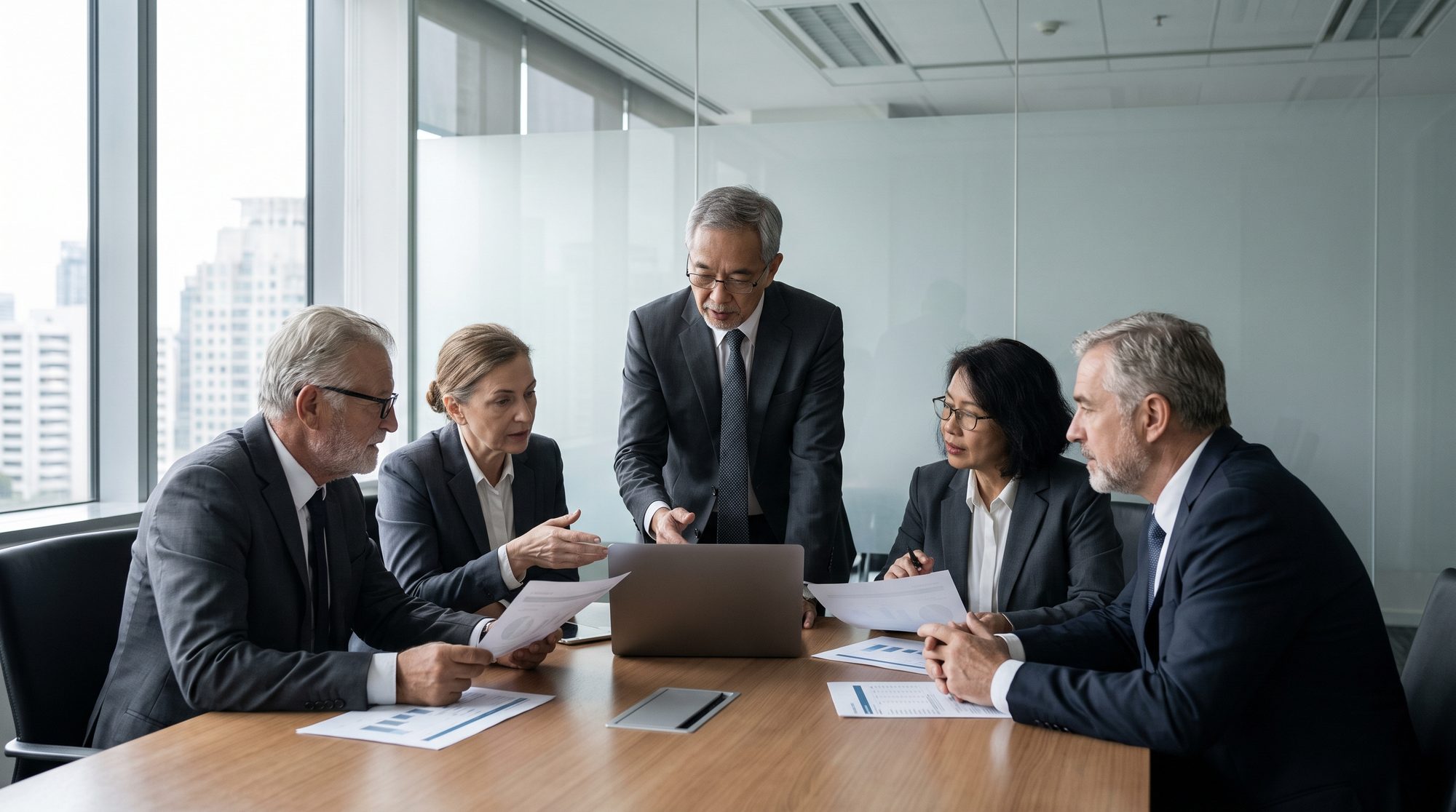 GoDigi partners reviewing financial statements in a boardroom