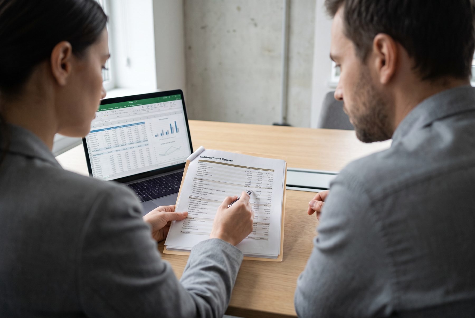 Two GoDigi advisers reviewing a printed management report together at a desk